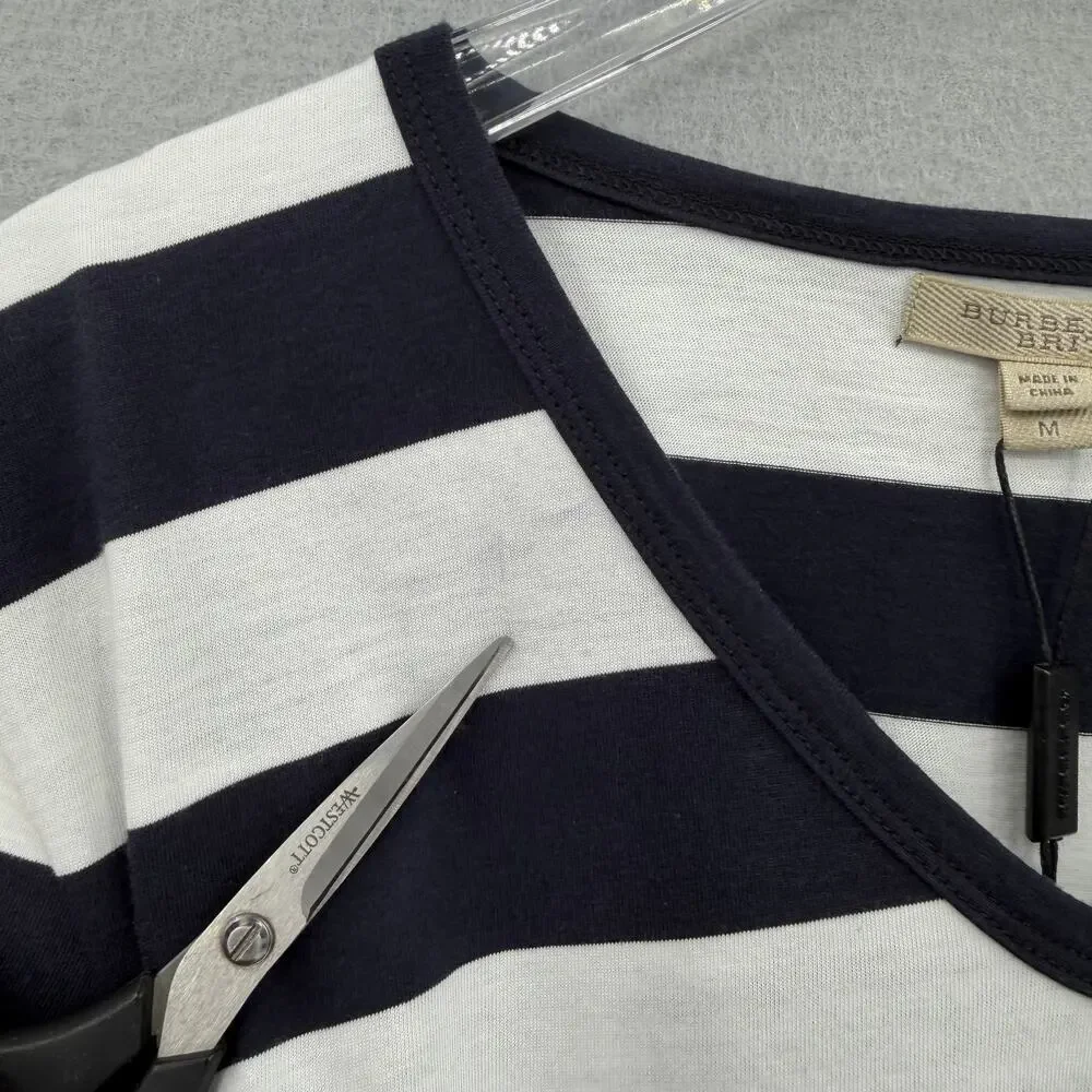 Burberry Brit NWT Navy & White Cotton Striped Pocket V-neck Casual Tee Shirt - Picture 8 of 11